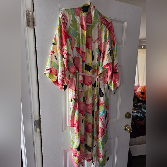 Vintage Boho Hotel Fontainbleu 227 Paris Hollywood Silk Kimono Robe Flamingo - Picture 8 of 8
